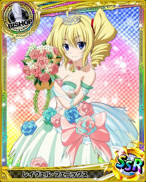 Anime picture 640x800 with highschool dxd ravel phenex single long hair tall image looking at viewer blonde hair smile twintails torn clothes drill hair card (medium) girl dress gloves flower (flowers) elbow gloves tiara bouquet wedding dress