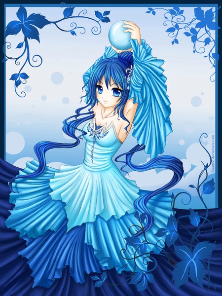 Anime picture 1024x1365 with original eranthe single tall image blue eyes blue hair very long hair light smile armpit (armpits) girl dress hair ornament detached sleeves leaf (leaves)