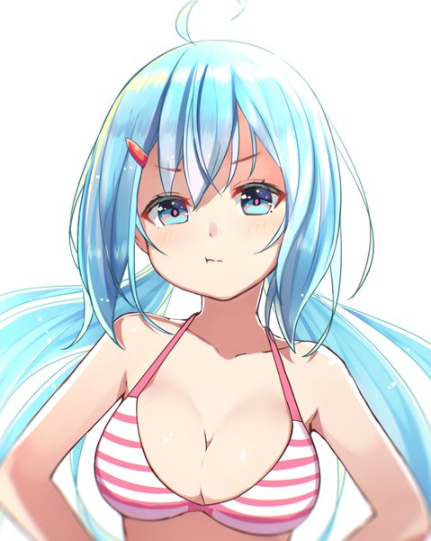 Anime picture 1471x1842 with original ninnzinn single long hair tall image looking at viewer blush breasts blue eyes light erotic simple background large breasts white background twintails bare shoulders blue hair upper body ahoge blurry strap gap