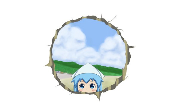 Anime picture 1920x1200 with shinryaku! ika musume ika musume single blush highres blue eyes wide image blue hair cloud (clouds) hole girl hat