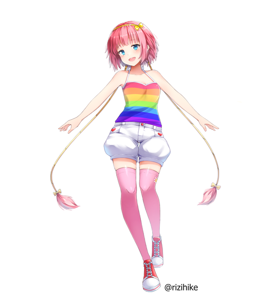 Anime picture 1050x1200 with original rizihike single tall image looking at viewer blush fringe short hair open mouth blue eyes simple background white background bare shoulders signed pink hair full body sleeveless twitter username girl thighhighs