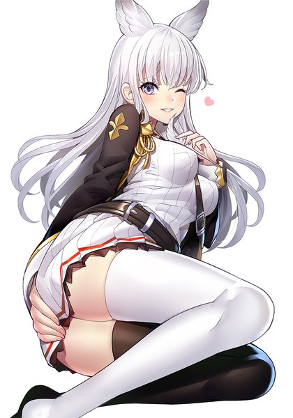 Anime picture 771x1100 with granblue fantasy korwa (granblue fantasy) ririko (zhuoyandesailaer) single long hair tall image looking at viewer blush fringe breasts light erotic simple background smile hair between eyes white background sitting animal ears bent knee (knees) white hair one eye closed