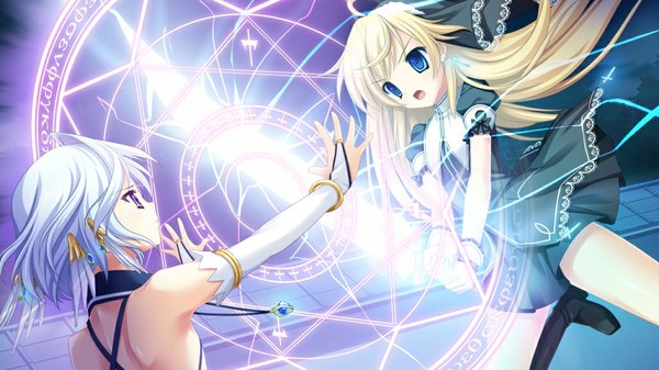 Anime picture 1024x576 with shion no ketsuzoku (game) long hair short hair open mouth blue eyes blonde hair wide image multiple girls game cg white hair girl dress 2 girls