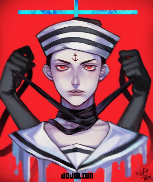 Anime picture 1170x1393 with jojo no kimyou na bouken jojolion higashikata jousuke (jojolion) fan ju single tall image looking at viewer short hair black hair simple background red eyes signed copyright name dated portrait red background boy ribbon (ribbons) headdress sailor suit