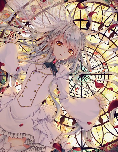 Anime picture 1400x1800 with original saijou haruki single long hair tall image fringe open mouth yellow eyes looking away white hair lying parted lips head tilt wide sleeves spread arms girl dress petals frills white dress