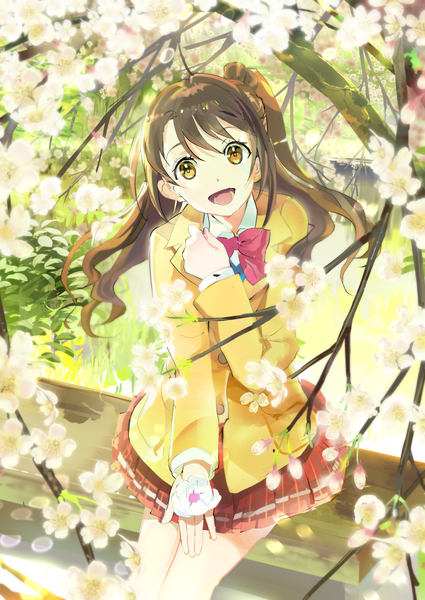 Anime picture 850x1200 with idolmaster idolmaster cinderella girls shimamura uzuki 119 single long hair tall image fringe open mouth brown hair sitting pleated skirt from above sunlight one side up cherry blossoms happy sunbeam girl skirt