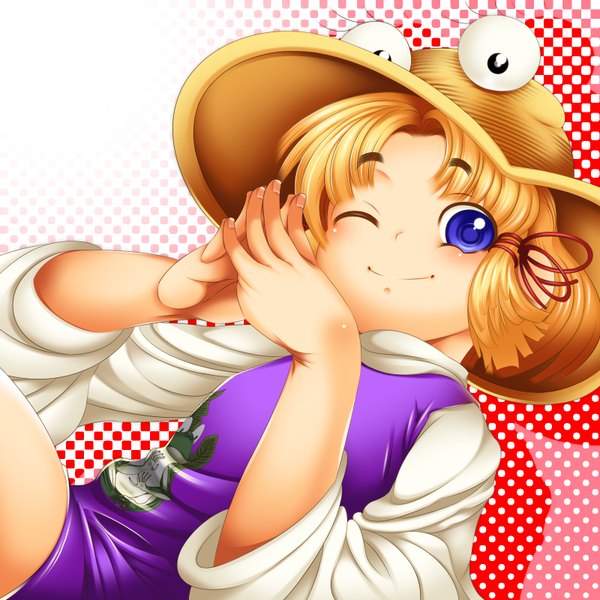 Anime picture 1600x1600 with touhou moriya suwako ginnyo (artist) single short hair blue eyes blonde hair girl hat
