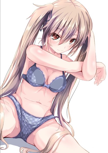 Anime picture 1000x1413 with kantai collection murasame destroyer maimu (gol-em-1226) single long hair tall image looking at viewer blush fringe breasts light erotic simple background smile hair between eyes red eyes brown hair white background sitting twintails cleavage
