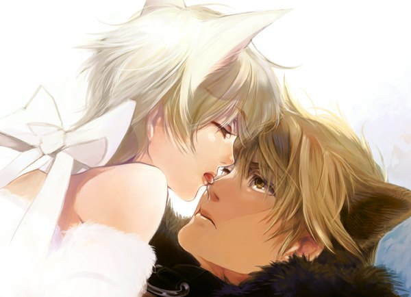 Anime picture 1049x760 with original piyo short hair blonde hair simple background white background brown eyes animal ears white hair lying eyes closed cat ears shounen ai boy bow tongue fur
