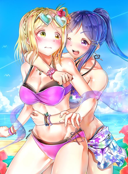 Anime picture 1621x2193 with love live! sunshine!! sunrise (studio) love live! matsuura kanan ohara mari hachinatsu long hair tall image blush short hair breasts open mouth light erotic blonde hair smile purple eyes bare shoulders multiple girls green eyes yellow eyes