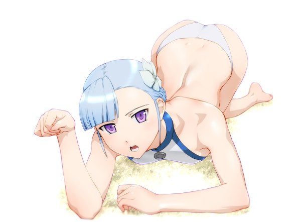 Anime picture 1200x885 with rinne no lagrange production i.g fin e ld si laffinty single looking at viewer short hair open mouth light erotic simple background white background purple eyes blue hair ass barefoot hair flower girl hair ornament underwear panties