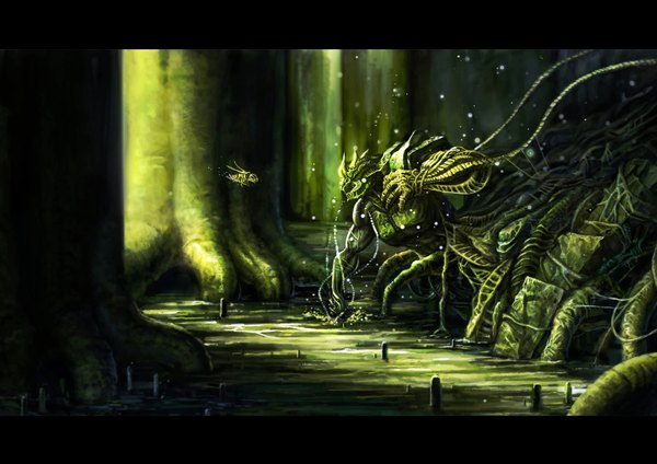 Anime picture 3508x2480 with original youtsuu highres absurdres nature plant (plants) tree (trees) water insect forest monster roots
