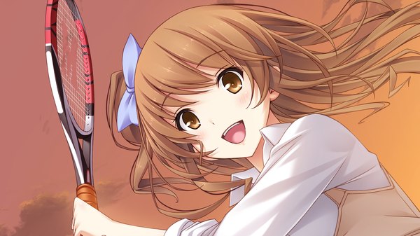 Anime picture 1280x720 with hotch kiss giga haruhino misaki mikoto akemi long hair blush fringe open mouth smile brown hair wide image brown eyes game cg :d one side up girl uniform bow hair bow school uniform
