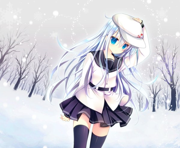Anime picture 1920x1584 with kantai collection hibiki destroyer verniy destroyer shirogane hina long hair highres blue eyes white hair wind dutch angle zettai ryouiki hand on hip snowing winter hammer and sickle girl thighhighs skirt black thighhighs plant (plants)