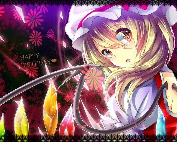 Anime picture 1200x960 with touhou flandre scarlet daradara1999 single short hair open mouth blonde hair red eyes looking back girl wings bonnet crystal