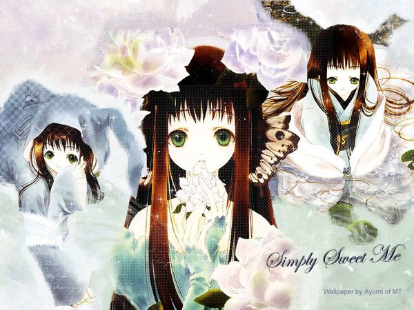 Anime picture 1024x768 with original azumi tooru long hair looking at viewer brown hair green eyes signed traditional clothes wide sleeves gradient hair multiview third-party edit girl flower (flowers)