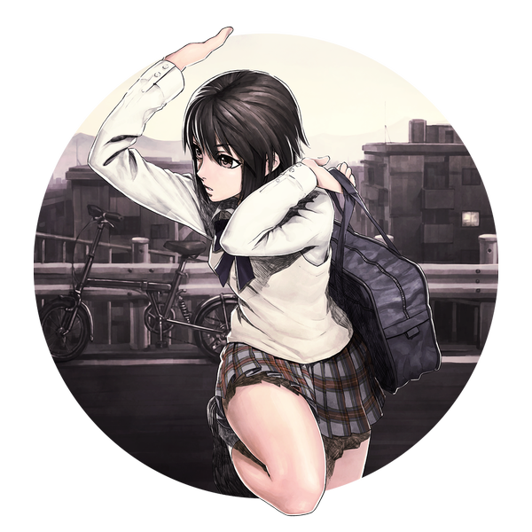 Anime picture 1000x1000 with original iwai ryo single short hair black hair brown eyes transparent background girl skirt uniform school uniform miniskirt bag vest school bag ground vehicle bicycle