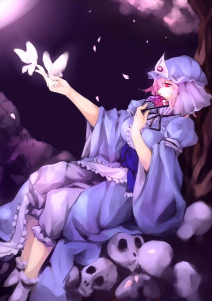 Anime picture 1578x2232 with touhou saigyouji yuyuko kalalasan single tall image short hair red eyes sitting pink hair japanese clothes cherry blossoms girl petals insect butterfly fan skull