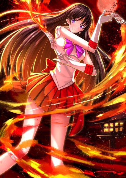 Anime picture 1102x1560 with bishoujo senshi sailor moon toei animation hino rei sailor mars swordsouls single long hair tall image looking at viewer black hair purple eyes red moon girl gloves earrings white gloves moon fire sailor suit