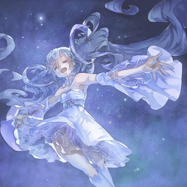 Anime picture 2000x2000 with vocaloid hatsune miku mizutamari tori single highres open mouth twintails sky eyes closed very long hair night from below night sky spread arms girl dress detached sleeves frills star (stars)