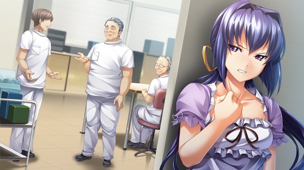 Anime picture 1280x720 with izuna zanshinken (game) long hair wide image purple eyes blue hair game cg girl boy