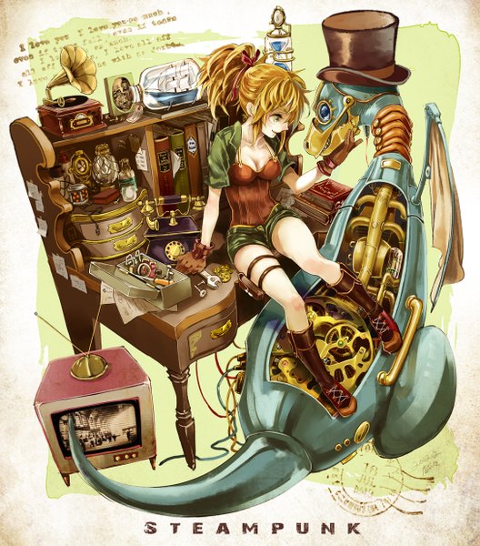 Anime picture 1087x1235 with original long hair tall image blonde hair yellow eyes ponytail inscription mechanical steam punk girl hat monster gears