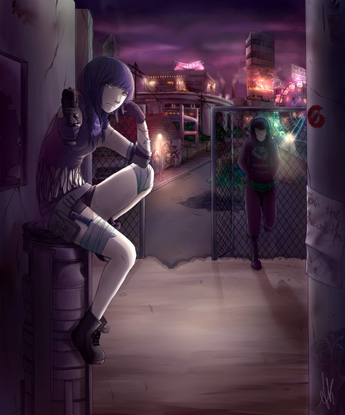 Anime picture 1500x1800 with original ankoku-hime long hair tall image looking at viewer sitting twintails brown eyes signed purple hair torn clothes city short twintails smoke girl boy gloves boots belt headphones
