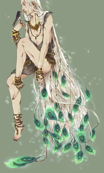 Anime picture 900x1500 with original soudwrong single long hair tall image simple background blonde hair sitting very long hair profile barefoot nude no shoes boy animal choker bracelet bird (birds) jewelry feather (feathers)