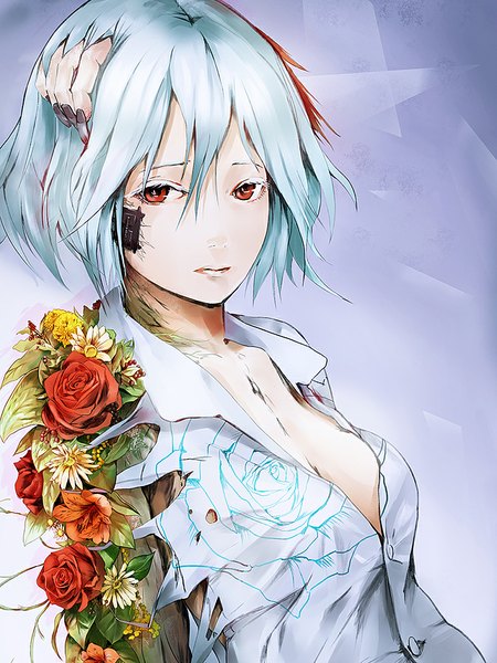 Anime picture 768x1024 with original sau single tall image looking at viewer short hair red eyes blue hair torn clothes portrait abstract girl flower (flowers) shirt rose (roses) leaf (leaves)