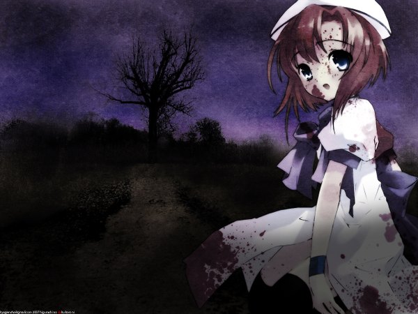 Anime picture 1280x960 with higurashi no naku koro ni studio deen ryuuguu rena single fringe short hair open mouth blue eyes brown hair signed night short sleeves night sky blood on face bloody clothes blood stains girl thighhighs dress bow