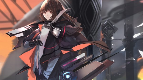 Anime picture 1209x680 with original swd3e2 single long hair looking at viewer brown hair wide image brown eyes girl gloves black gloves armor mantle