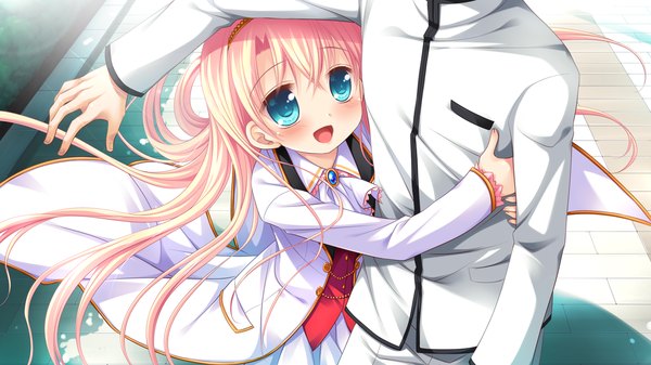 Anime picture 1280x720 with hyper highspeed genius hhg megami no shuuen fiana astraea long hair blush open mouth blue eyes blonde hair wide image game cg loli hug girl suit
