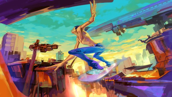 Anime picture 2953x1666 with original bonggo single highres wide image sky cloud (clouds) city spread arms topless cityscape flying science fiction surfing boy building (buildings) pants traffic lights consept art