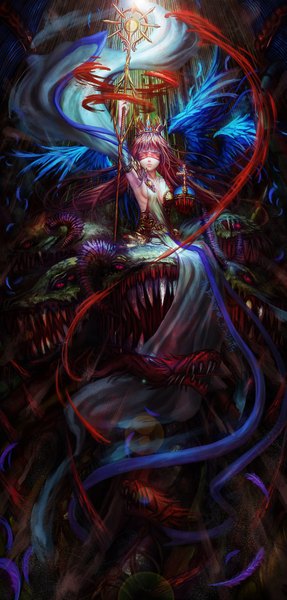 Anime picture 1053x2200 with original edenfox single long hair tall image fringe brown hair signed long sleeves horn (horns) arms up teeth armpit (armpits) sharp teeth blindfold multiple wings girl ribbon (ribbons) detached sleeves wings