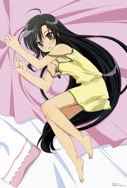 Anime picture 4000x5900 with shakugan no shana j.c. staff megami magazine shana ootsuka mai single long hair tall image looking at viewer highres black hair brown eyes ahoge lying very long hair barefoot scan official art bare legs on side