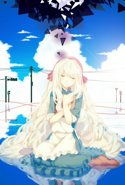Anime picture 1181x1748 with kagerou project shaft (studio) mary (kagerou project) spencer sais single tall image fringe blonde hair sitting holding sky cloud (clouds) eyes closed very long hair reflection girl dress ribbon (ribbons) hair ribbon shoes