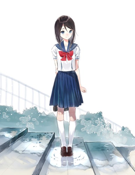 Anime picture 800x1032 with original macciatto (aciel02) single long hair tall image looking at viewer fringe black hair smile full body braid (braids) pleated skirt black eyes twin braids arm behind back girl skirt uniform socks serafuku