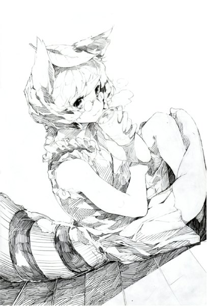 Anime picture 1607x2365 with touhou futatsuiwa mamizou oshake single tall image looking at viewer short hair simple background white background sitting animal ears tail animal tail barefoot shadow crossed legs monochrome sketch girl glasses