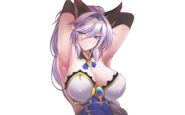 Anime picture 4578x2861 with granblue fantasy heles naturalton single long hair blush fringe highres breasts light erotic simple background hair between eyes wide image large breasts white background animal ears yellow eyes looking away absurdres cleavage