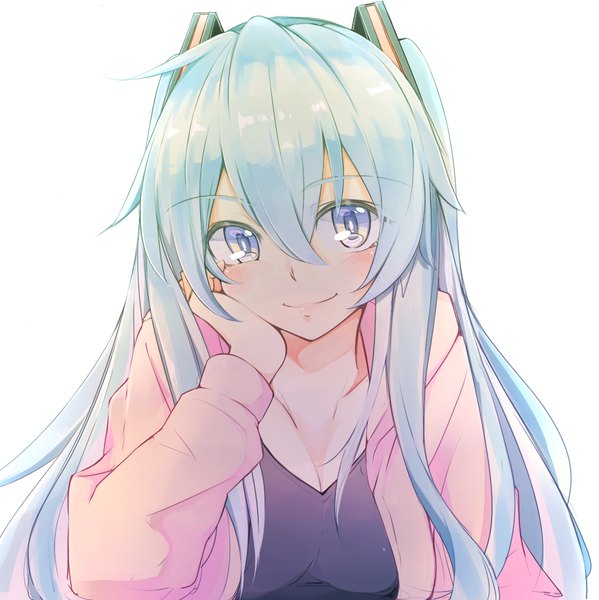 Anime picture 1197x1200 with vocaloid hatsune miku kazenoko single long hair tall image blush fringe breasts blue eyes simple background smile hair between eyes large breasts white background twintails looking away cleavage upper body aqua hair