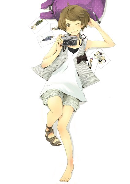 Anime picture 1061x1501 with original yoshito (u10) single tall image blush short hair simple background smile brown hair white background brown eyes lying nail polish one eye closed barefoot wink girl bow camera photo (object)