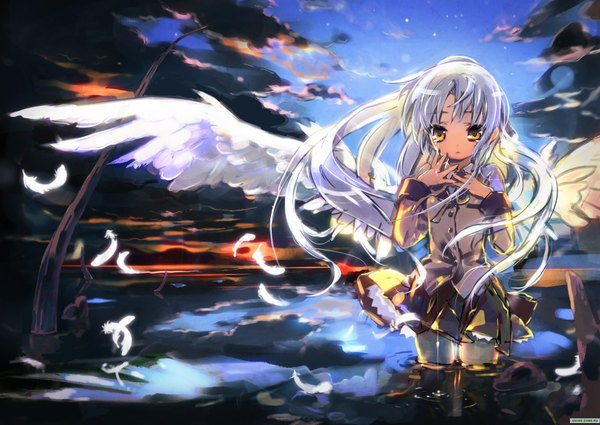 Anime picture 1802x1279 with angel beats! key (studio) tachibana kanade single long hair highres yellow eyes sky cloud (clouds) white hair angel wings crying angel girl skirt uniform school uniform water feather (feathers)