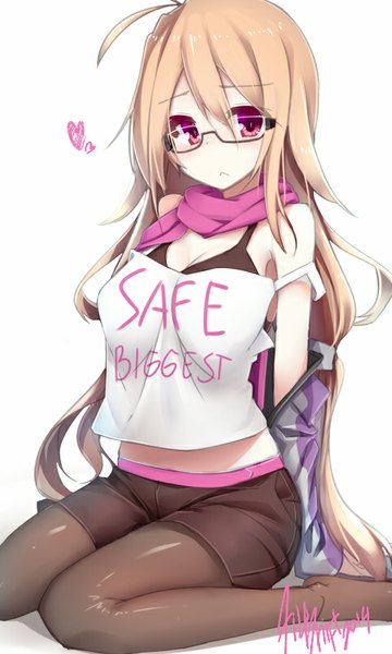 Anime picture 480x800 with original tilt-shift single long hair tall image looking at viewer blush breasts brown hair large breasts sitting bare shoulders bent knee (knees) pink eyes inscription open clothes open jacket kneeling text english