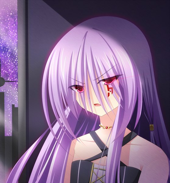 Anime picture 1400x1507 with original akine (kuroyuri) long hair tall image open mouth red eyes bare shoulders purple hair facial mark girl dress