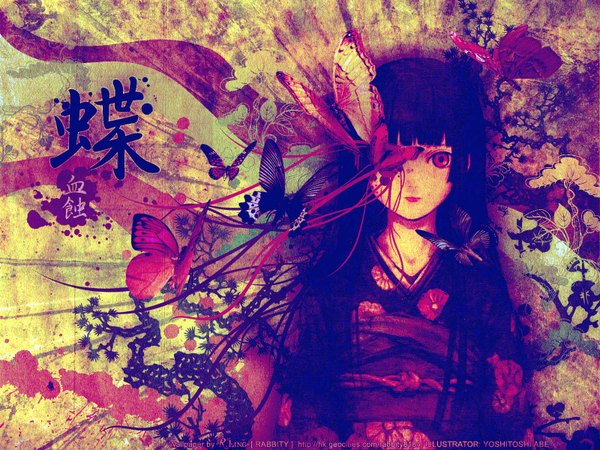 Anime picture 1600x1200 with hell girl studio deen enma ai abe yoshitoshi long hair black hair red eyes japanese clothes floral print watermark jpeg artifacts flower (flowers) kimono leaf (leaves) insect butterfly blood