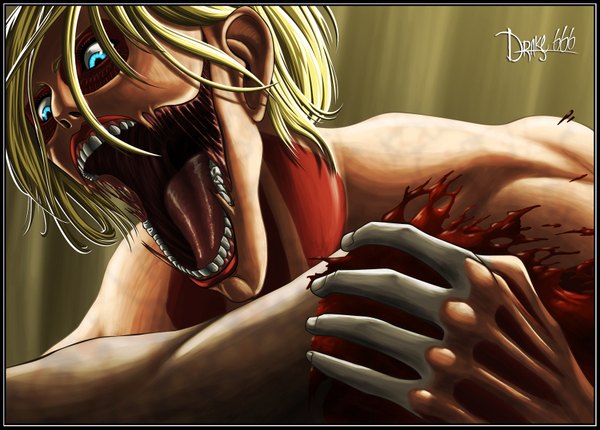 Anime picture 1722x1235 with shingeki no kyojin production i.g annie leonhart female titan drake666 single highres short hair open mouth blue eyes blonde hair coloring framed girl blood monster