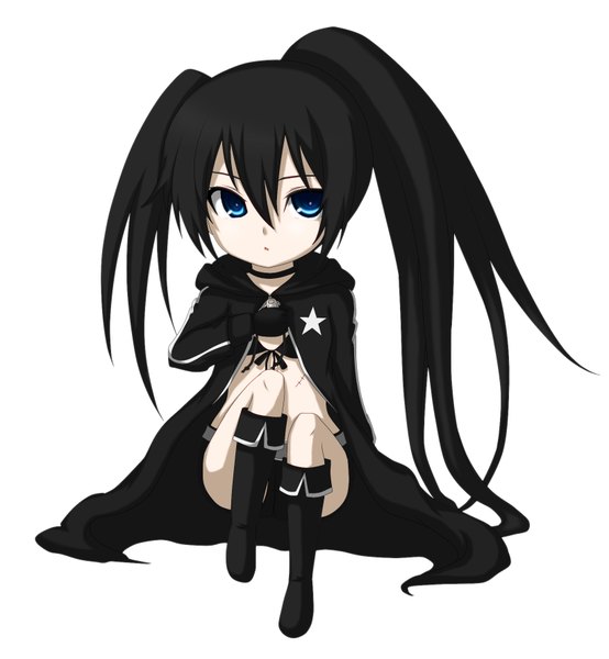 Anime picture 1643x1778 with black rock shooter black rock shooter (character) kuena single long hair tall image blue eyes black hair simple background white background twintails scar chibi girl boots cloak