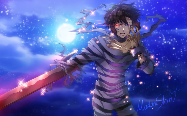 Anime picture 1950x1215 with nanbaka juugo (nanbaka) madara shinn single highres short hair open mouth blue eyes black hair red eyes brown hair wide image signed sky cloud (clouds) nail polish multicolored hair wind two-tone hair sparkle