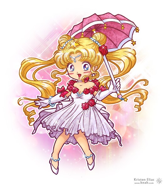 Anime picture 730x825 with bishoujo senshi sailor moon toei animation tsukino usagi keah single tall image looking at viewer open mouth blue eyes blonde hair white background twintails holding signed full body very long hair sparkle hair bun (hair buns) drill hair chibi