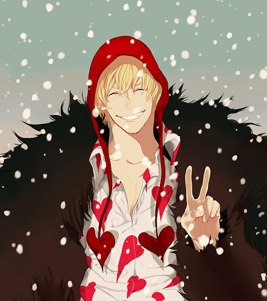 Anime picture 888x1000 with one piece toei animation donquixote rocinante xianrou men single tall image looking at viewer fringe short hair blonde hair smile eyes closed teeth victory snowing ^ ^ partially open clothes heart print boy shirt